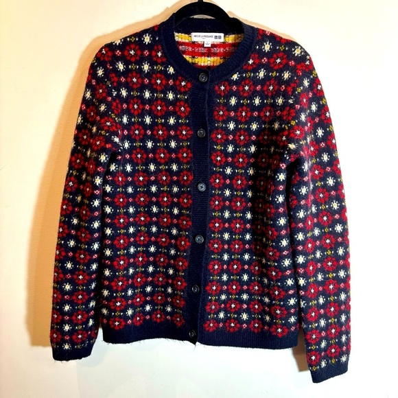 INES DE LA FRESSANGE + UNIQLO  Sz L Jacquard Pattern Crew Neck Buttoned Cardigan - Picture 1 of 6